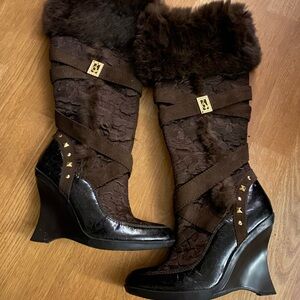 Baby Phat Brown Fur-Trimmed Wedge Boots